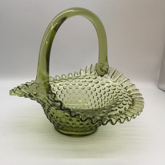 Vintage Fenton Green Glass Hobnail Basket - Picture 3 of 5